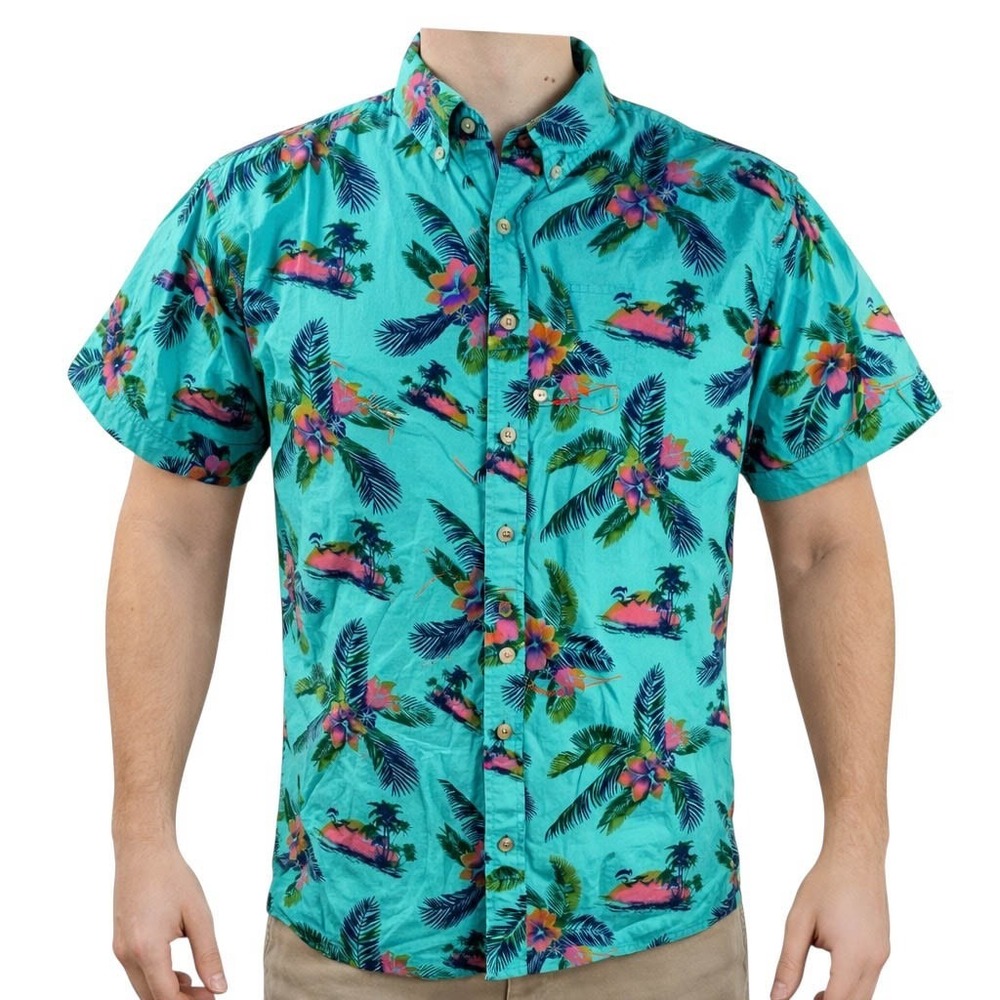 Lee Hawaiian Aloha‎ Shirt Large Palm Tree Fronds Leaves Islands Sunset Green